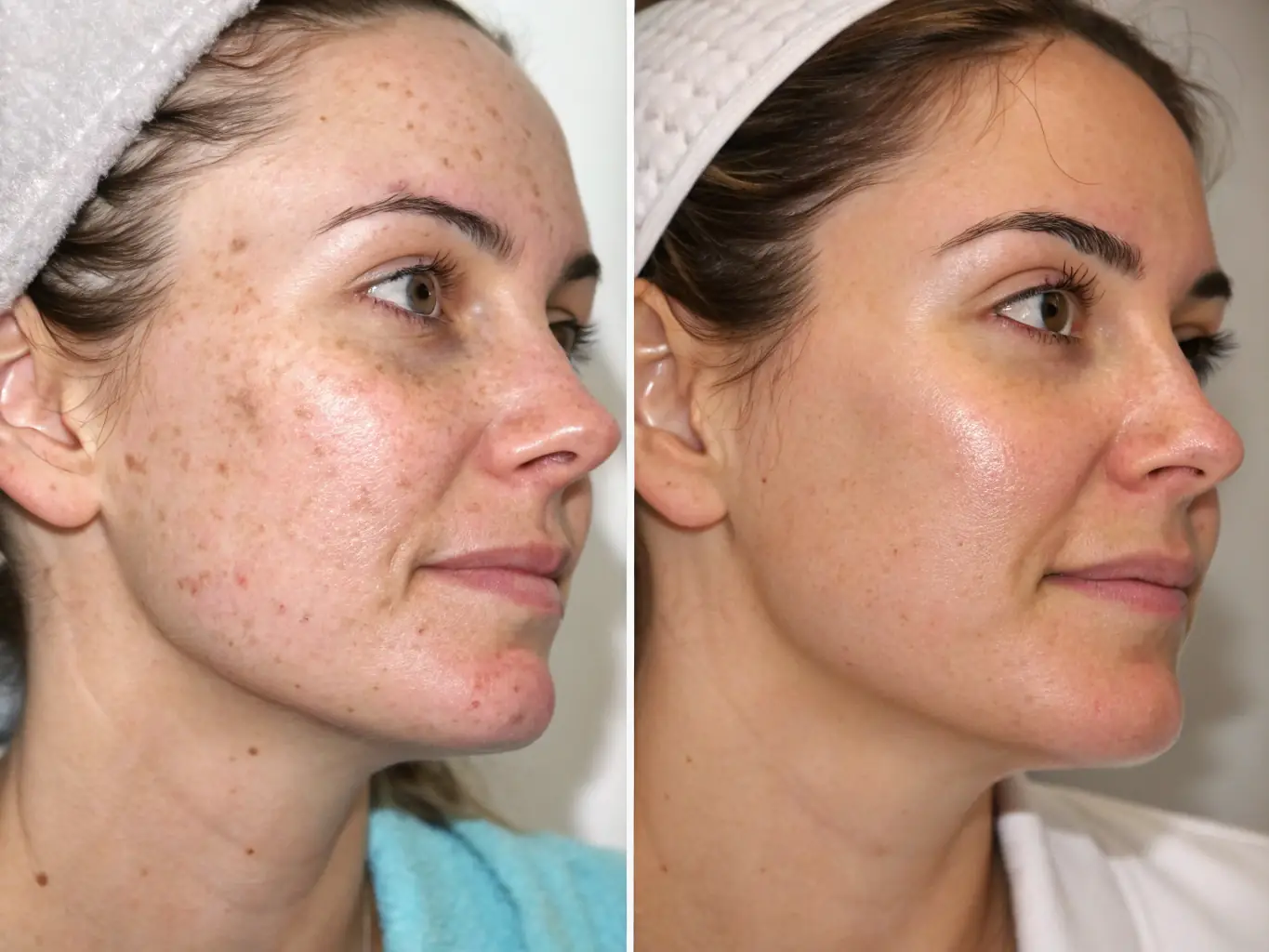 A before-and-after photo showcasing the results of a chemical peel at GlowStudio. The 'before' photo shows a client with uneven skin tone and texture, while the 'after' photo shows a smoother, brighter complexion.