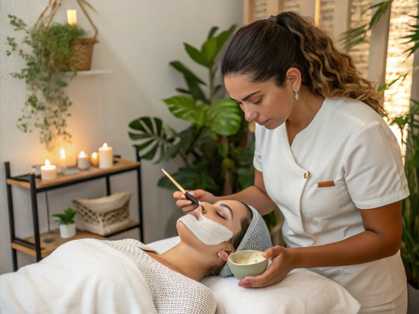 A close-up shot of a client receiving a hydrating facial at GlowStudio, with the esthetician gently applying a serum to the client's face. The focus is on the client's relaxed expression and the esthetician's gentle touch.