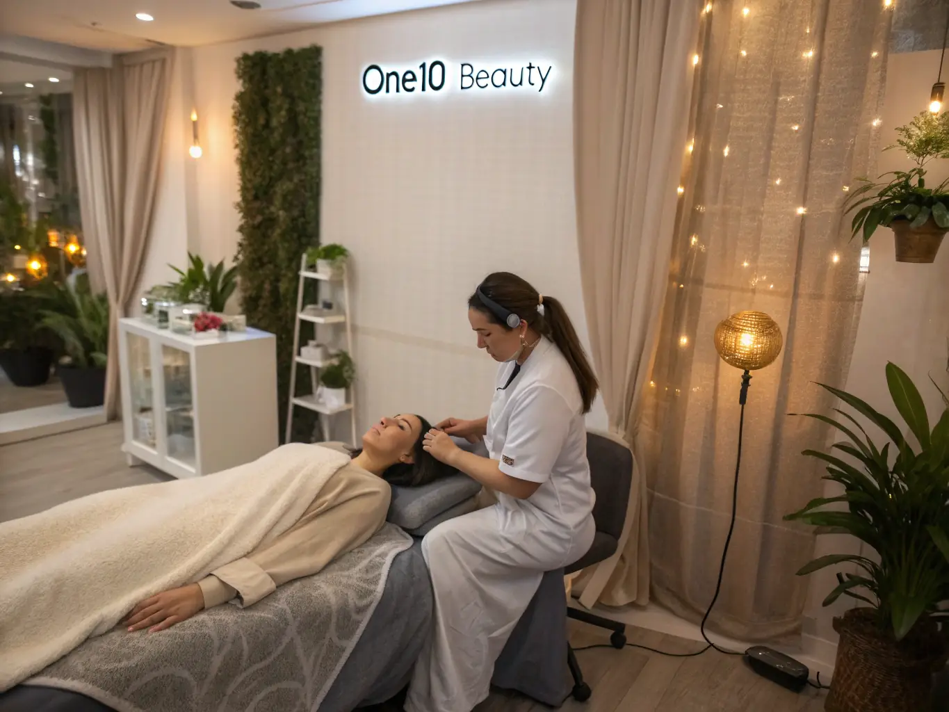 A client receiving a microdermabrasion treatment at GlowStudio, with the esthetician using a handheld device to gently exfoliate the skin. The focus is on the precision and care of the treatment.